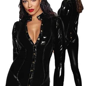 Combinaison moulante noire en PU à manches longues pour femme, taille haute, sexy, style clubwear avec détails boutonnés - Product Image 2