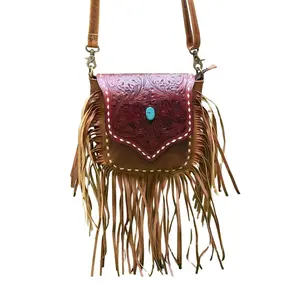 Tas selempang peralatan makan kulit warna Latigo kualitas Superior tas Cowgirl gaya Barat dengan pinggiran & tali grosir