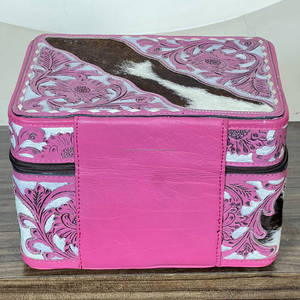 Women Fashionable Hand Tooled Leather Cosmetic <b>Case</b> <b>Medium</b> Size Cowhide Print Zipper Closure Portable Soft Handle Jewelry Box - Product Image 5