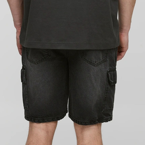 Shorts cargo noirs pour hommes, taille mi-haute élastique, 100 % coton toile, longueur Bermuda, style décontracté, motif uni, respirant - Product Image 1