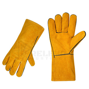 Gants de travail industriels d'hiver en cuir jaune, demi-doigts, résistants à la chaleur, pour soudure, avec fermeture auto-agrippante et poignet allongé - Product Image 2