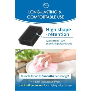 Set di 4 Spugne da Cucina Durevoli a Lunga Durata, Eccellente Drenaggio, Schiuma Abbondante per Lavaggio Piatti, Bagno e Fornelli - Product Image 4