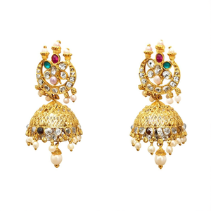 Navrathna 18K Gold Plated Brass Jhumka Drop Earrings with Pearl and Zircon - Product Image 3