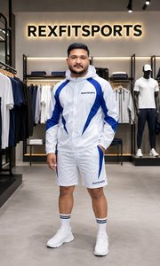 REXFIT SPORTS 2026 ชุดเสื้อแจ็คเก็ตกันลมและกางเกงขาสั้นโพลีเอสเตอร์สำหรับผู้ชายแบบกำหนดเอง ชุดกีฬาทีมวิ่งออกกำลังกายแบบมีฮู้ดน้ำหนักเบา - Product Image 3