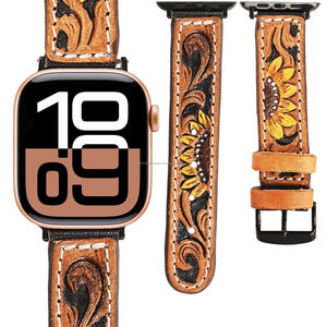 Correa de reloj de cuero vacuno repujado estilo western premium, hecha a mano con diseño floral, estilo vaquero, correa de repuesto. - Product Image 1