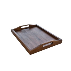 Plateau de service rectangulaire en bois massif courbé fait main avec poignées découpées pour le thé et les collations - Product Image 2