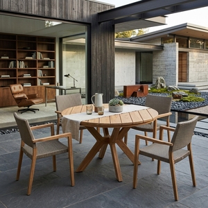 Table de salle à manger ronde en teck massif pour intérieur et extérieur, plateau à lattes, pieds en forme de croix, teck naturel, meubles de terrasse - Product Image 4