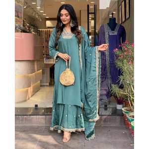 DISEÑADOR CHINON SEDA BORDADA TRABAJO TOP SHARARA CON DUPATTA SKY - Product Image 1