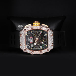 Reloj de hombre con forma de tonneau, diamantes de moissanita engastados, esfera de cronógrafo esqueletizada, tono rosa, estilo Hip Hop, correa de caucho - Product Image 4