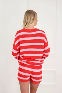 Ensemble 2 pièces tricoté rayé rouge et rose pour femme, col rond, manches longues, coupe ample, décontracté, printemps-été - Product Image 2