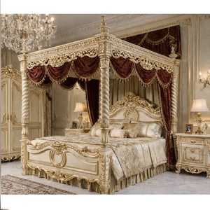 Lit à baldaquin de luxe style Maharaja, ensemble de lit moderne à quatre poteaux en teck sculpté à la main, taille personnalisable, mobilier de chambre à coucher - Product Image 1