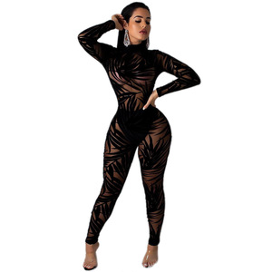 Mono negro transparente con estampado geométrico para mujer, cintura alta, manga larga, sexy, para discoteca, ajustado, largo completo - Product Image 6