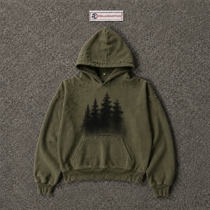 Sudadera con Capucha Extra Grande Personalizada con Gráfico de Árbol del Bosque Negro, Sudadera Vintage Desgastada para Hombre, Estilo Urbano Informal - Product Image 5