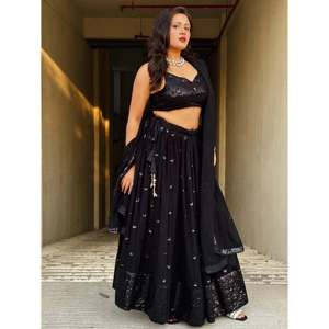 Black <b>Sequin</b> Georgette Strapless Lehenga Choli for Evening Parties - Product Image 4