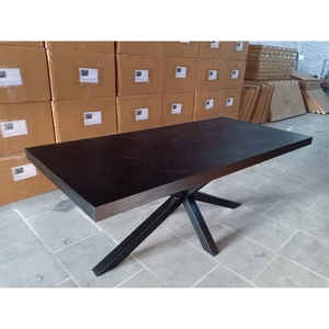 Ensemble de table à manger industrielle moderne en bois massif noir et acier motifs à chevrons style arête de poisson rectangulaire pour la salle à manger à la maison - Product Image 2