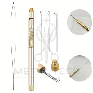 Gold Brass Micro Ring Hair Extension <b>Threader</b> <b>Needle</b> Set Pulling Hook Tool Inner Storage Handle Hairdressing Supply Factory - Product Image 5