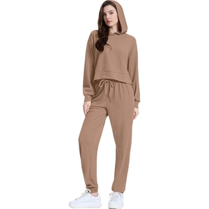 Conjunto Deportivo con Capucha para Mujer, Color Sólido, Tejido Acanalado, Sudadera de Manga Larga, Pantalones Casuales de Corte Holgado, Ropa de Otoño, Zapatillas Blancas - Product Image 6