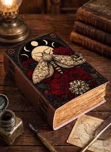Carnet en spirale en cuir fait main, motif floral vintage, motif papillon et visage de lune - Product Image 1