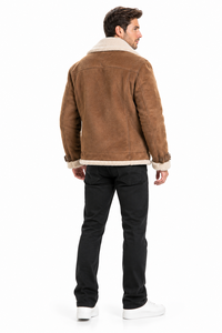 Men's Genuine Leather Shearling Bomber Jacket Fur Collar Windproof Winter Solid Streetwear Cotton <b>Lined</b> Zip up Outerwear - Product Image 4