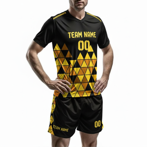 Ensemble de maillots de football personnalisés imprimés par transfert thermique, motif géométrique noir et jaune perlé, col en V, manches courtes, évacuation de l'humidité, 100% - Product Image 4