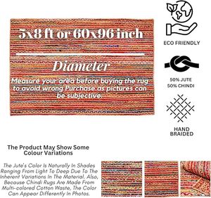 Alfombra Rectangular de Yute y Algodón Trenzado Natural Ecológico de la India, Alfombra de Algodón Chindi para Sala de Estar, Dormitorio - Product Image 2