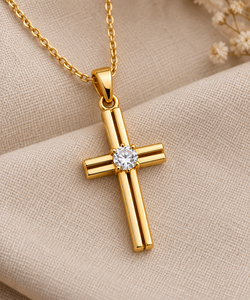 Pendentif croix plaqué or avec pierre de zircon ronde, bijoux religieux unisexe - Product Image 2