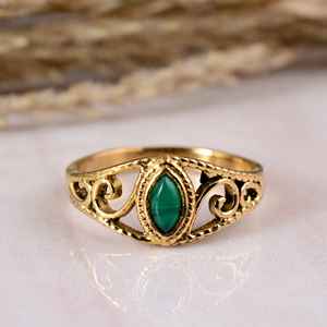 Antique Gold Brass Green Malachite 14K Gold Plated Bezel Setting Intricate Leaf Motif Textured Marquise Artisanal Botanical - Product Image 1