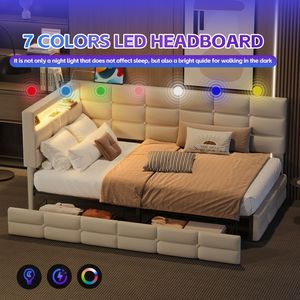 Upholstered Twin Size Daybed <b>LED</b> Lights Storage Headboard 2 Drawers Charging Station Day <b>Bed</b> Frame Practical Storage Features - Product Image 4
