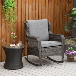 Sedia a dondolo da esterno in vimini dal design classico con morbidi cuscini per prato e giardino, colore grigio misto - Product Image 2