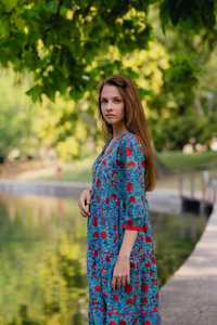 Floral & Plaid Digital Printing V-Neck Midi Dress <b>Three</b> Quarter Sleeve Loose Fit Handmade ODM Casual Daily Summer Washable - Product Image 4