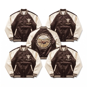 เสื้อแจ็คเก็ตซาตินทรงบอมเบอร์ สีกรมท่า-ส้ม ปักลายปูเสฉวน แบบซูกะจัง เสื้อคลุมเบสบอล - Product Image 4