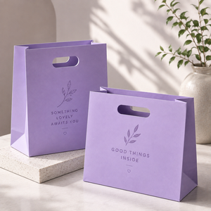 Sacs cadeaux en papier violet de luxe avec poignées découpées, emballage cosmétique imprimé offset, sac plat standard recyclable - Product Image 5