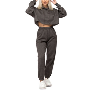 Women's Eco-Friendly 100% Cotton Custom Crop Hoodie Tracksuit Oversized Streetwear <b>Plus</b> <b>Size</b> <b>Jogger</b> <b>Set</b> Front Logo Solid Washed - Product Image 1