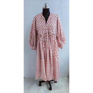 Robe midi élégante bohème rouge à fleurs, en coton artisanal, avec col à nouer et imprimé ethnique palmiers, robe décontractée pour femmes - Product Image 1