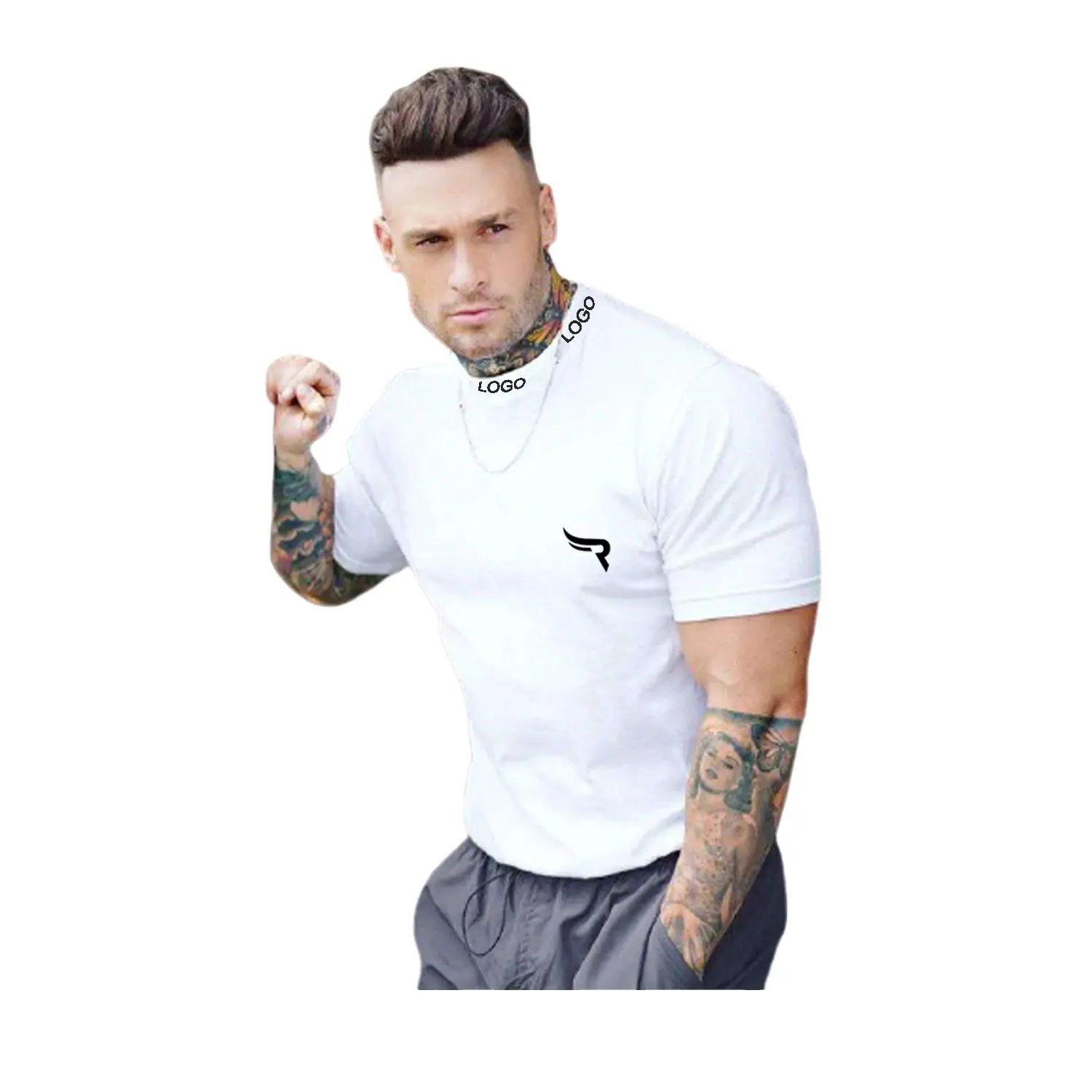 Muscle Fit Men Gym T shirt with 100% Cotton Polyester Stretchy Casual Crewneck Slim Classic Short Sleeve T-Shirt