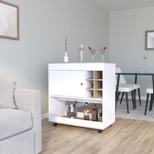 Carrito de barra Aloha de roble claro/acabado blanco con seis cubículos de botellas y un gabinete para juegos de bebidas - Product Image 1