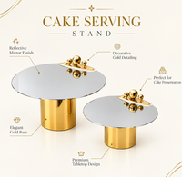 Ensemble de 2 supports à gâteaux blancs écologiques modernes avec base dorée, dessus miroir et design perlé, en métal, pour présentation à la maison ou en boulangerie