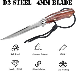 Couteau de chasse à lame fixe en acier D2 avec manche en bois rouge brun, couteau de survie tranchant avec étui en cuir pour hommes - Product Image 3