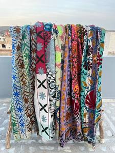 Vintage Style Cotton Kantha Suzani <b>Quilt</b> Handmade with Intricate Embroidered Patterns – Lightweight Bohemian <b>Bedding</b> Throw - Product Image 1