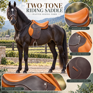 Selle d'équitation en cuir bicolore avec siège sculpté et panneau contrastant |   Selle d'équitation anglaise avec surpiqûres et bordures fines - Product Image 5