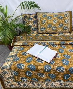 Vintage Floral Block Print Cotton Comforter Set – Brown Blue Handcrafted Quilted <b>Bedding</b> Collection Floral Printed Cotton Quilt - Product Image 1