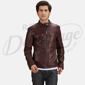 Blouson de motard en cuir marron foncé de qualité supérieure pour homme, en peau de mouton véritable, matelassé, coupe ajustée, style sport et mode - Product Image 1
