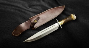 Cuchillo de caza de 12 pulgadas con mango de asta texturizado, hoja de acero de Damasco con punta de clip y ranura para sangre, proveedor mayorista A&M ENTERPRISES - Product Image 3