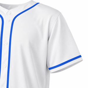 Maillot de baseball blanc avec bordure bleue, manches courtes, boutons sur le devant, unisexe, adulte, respirant, impression sublimée, polyester, personnalisable pour équipe sportive - Product Image 4