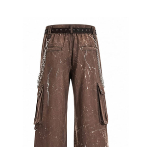 Pantalones Cargo Anchos Premium Marrones para Hombre con Estampado de Motocicleta Desgastado y Cinturón de Cadena Estilo Urbano - Product Image 5