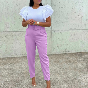 High Waist Pencil Pants With Pockets Ankle-Length Casual Summer Women's <b>Trousers</b> Crepe Fabric Anti-Wrinkle Zipper Fly - Product Image 3