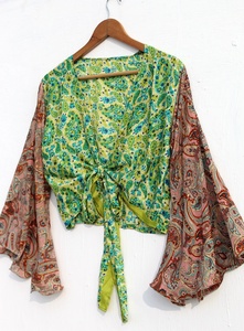 New Arrival Bell Sleeve <b>Tie</b> <b>Top</b> for Stevie Nicks Summer Short Hippie <b>Top</b> for Women 100% Silk Breathable Eco-Friendly - Product Image 2
