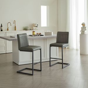 Sgabello da Bar in Ecopelle Grigia con Robusta Struttura in Metallo Nero, Altezza da Bancone, Kit Poggiapiedi, Schienale Trapuntato Verticale - Product Image 2