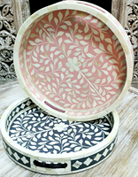 Plateau décoratif rond en os incrusté, fait main, élégant, pour la décoration de la maison, table basse, salon