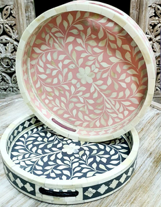 ถาดตกแต่งทรงกลมฝังลายกระดูก ถาดเสิร์ฟงานฝีมือ ถาดวางบนโต๊ะสวยงามสำหรับตกแต่งบ้าน โต๊ะกาแฟ ห้องนั่งเล่น - Product Image 3